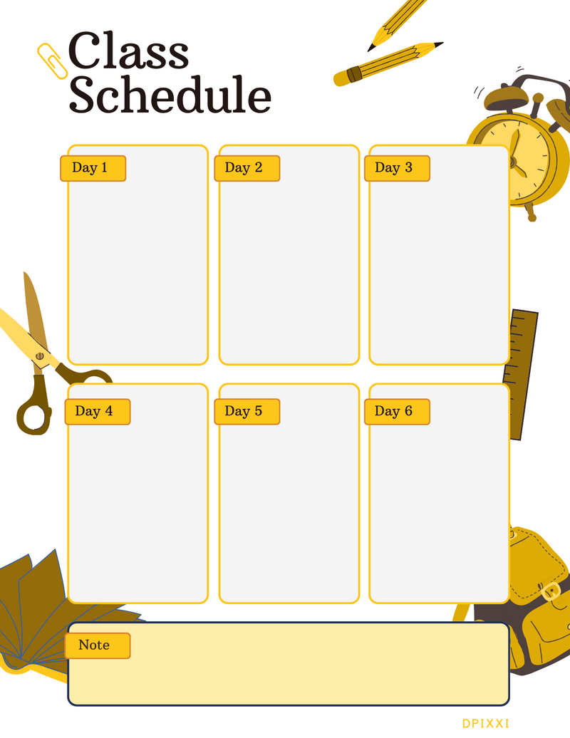 Cute Playful Class Schedule Planner | Day 1 To Day 6, Note