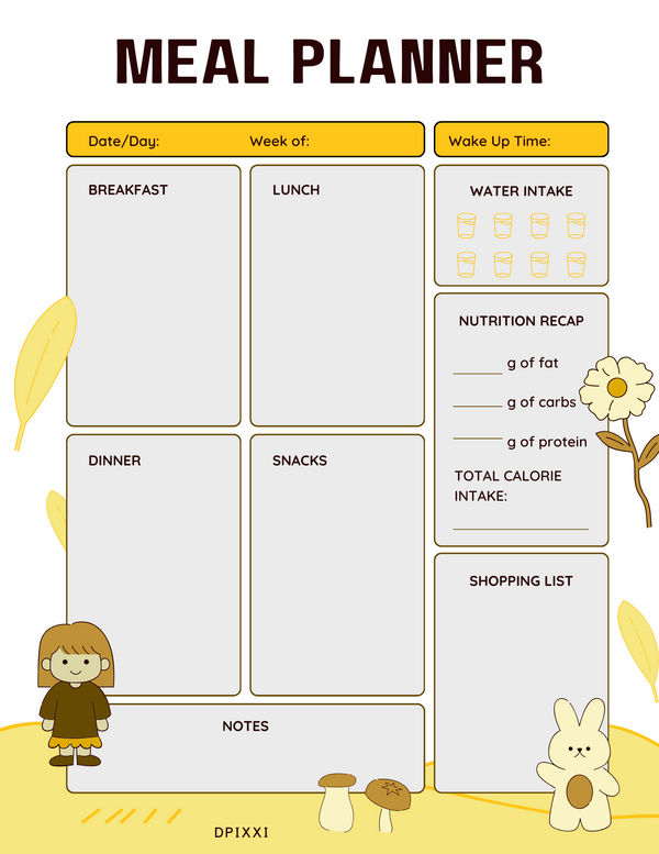 Cream Cute Illustrative Meal Planner | Date/Day, Week Of, Breakfast, Lunch, Dinner, Snacks, Wake Up Time, Water, Intake,  Notes, Nutrition Recap, Total Calorie Intake, hopping List