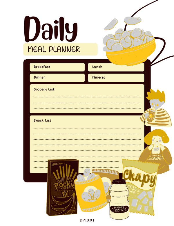 Cute Playful Colorful Daily Meal Planner | Breakfast, Lunch, Dinner, Mineral, Snack List