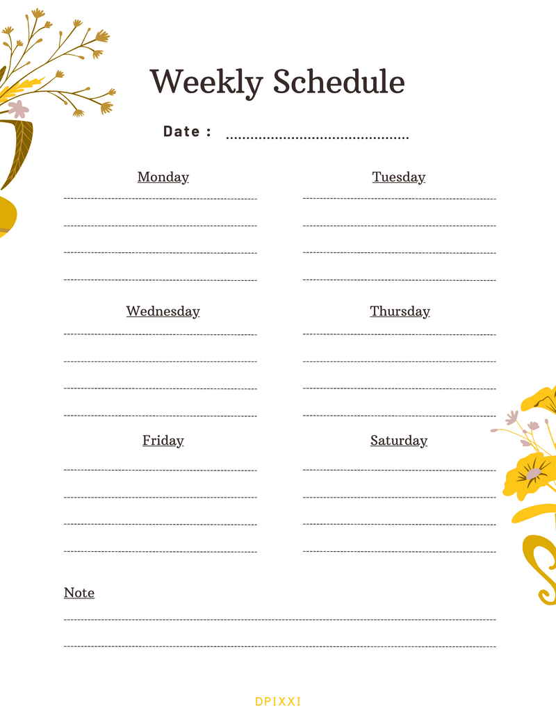 Flower Aesthetic School Schedule Free Planner Template | Date, Monday To Saturday, Note