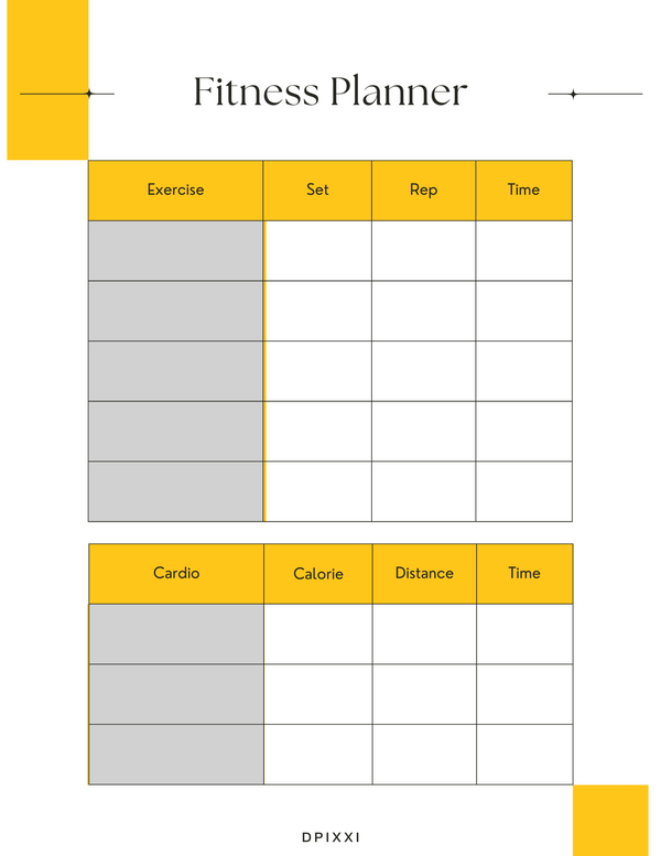 Minimalist Fitness Workout Planner | Excercise, Set, Rep, Time, Cardio, Calory, Distance,