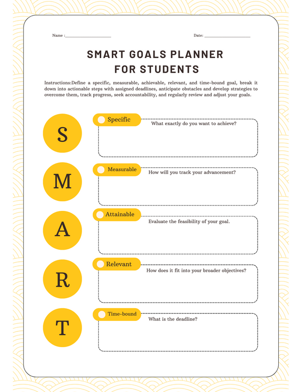 Smart Goals Planner for Students | Specific, Measurable, Attainable, Relevant, Time-bound | PDF Digital Planner