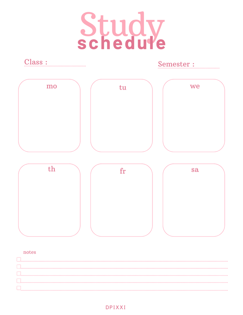 Modern Study Schedule Planner | Class, Semester, Monday To Saturday, Notes