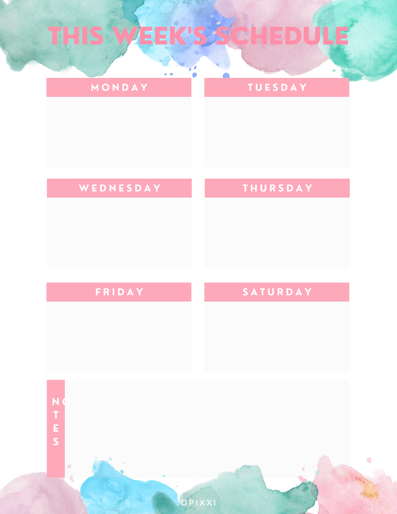 Watercolor Weekly Schedule Planner | Monday to Saturday, Notes