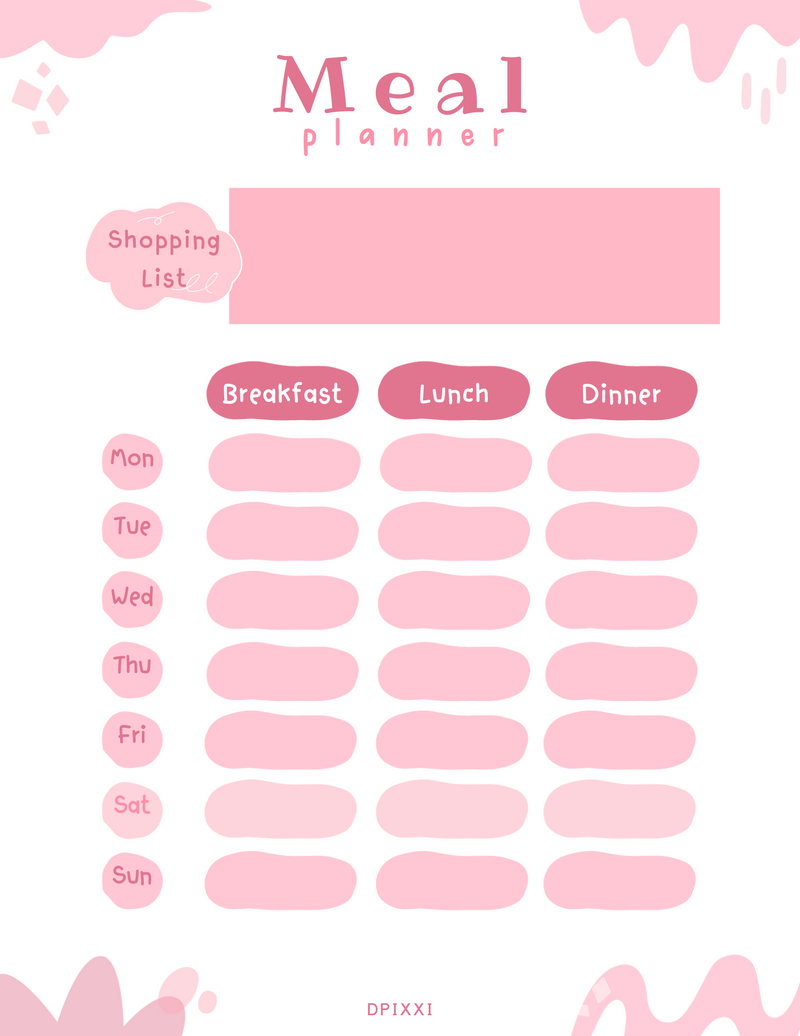 Colorful Illustrative Shopping List Meal Schedule Planner | Shopping List, Breakfast, Lunch, Dinner, Monday To Sunday