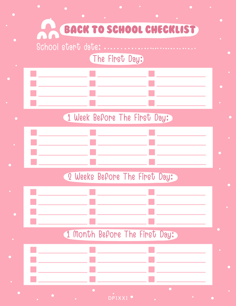 Back To School Checklist Planner | First Day, 1 Week Before, 2 Weeks Before, 1 Month Before