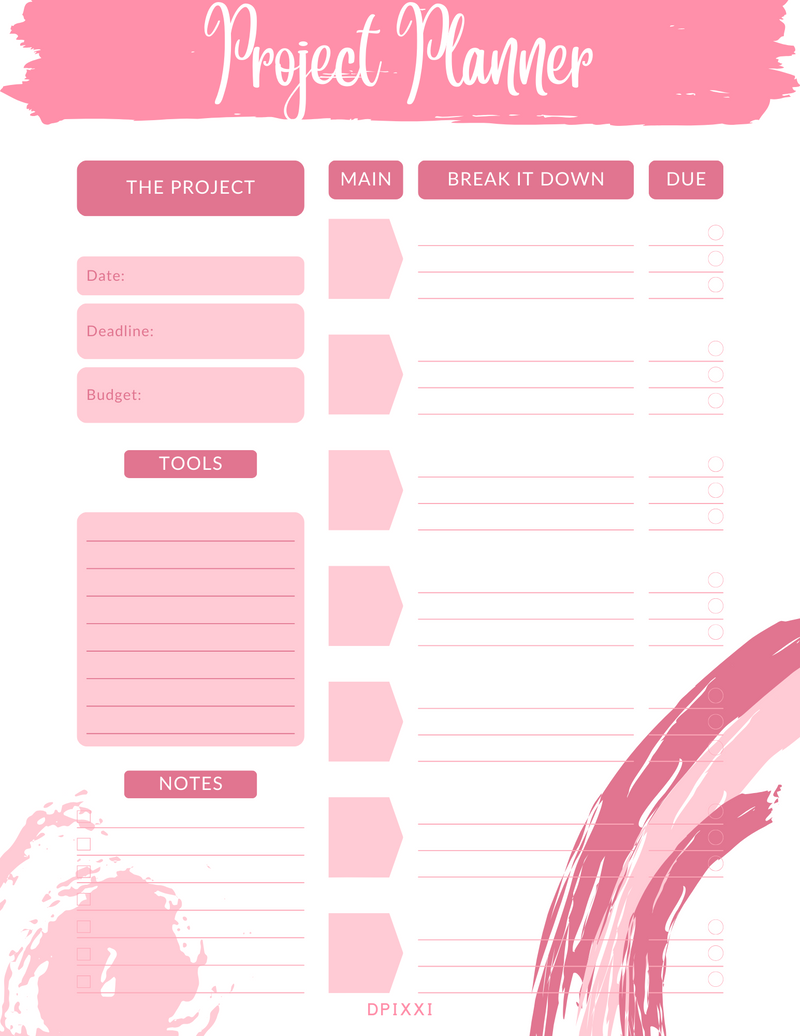Modern and Elegant Project Planner Template | The Project, Date, Deadline, Budget, Tools, Notes, Main, Break it Down, Due