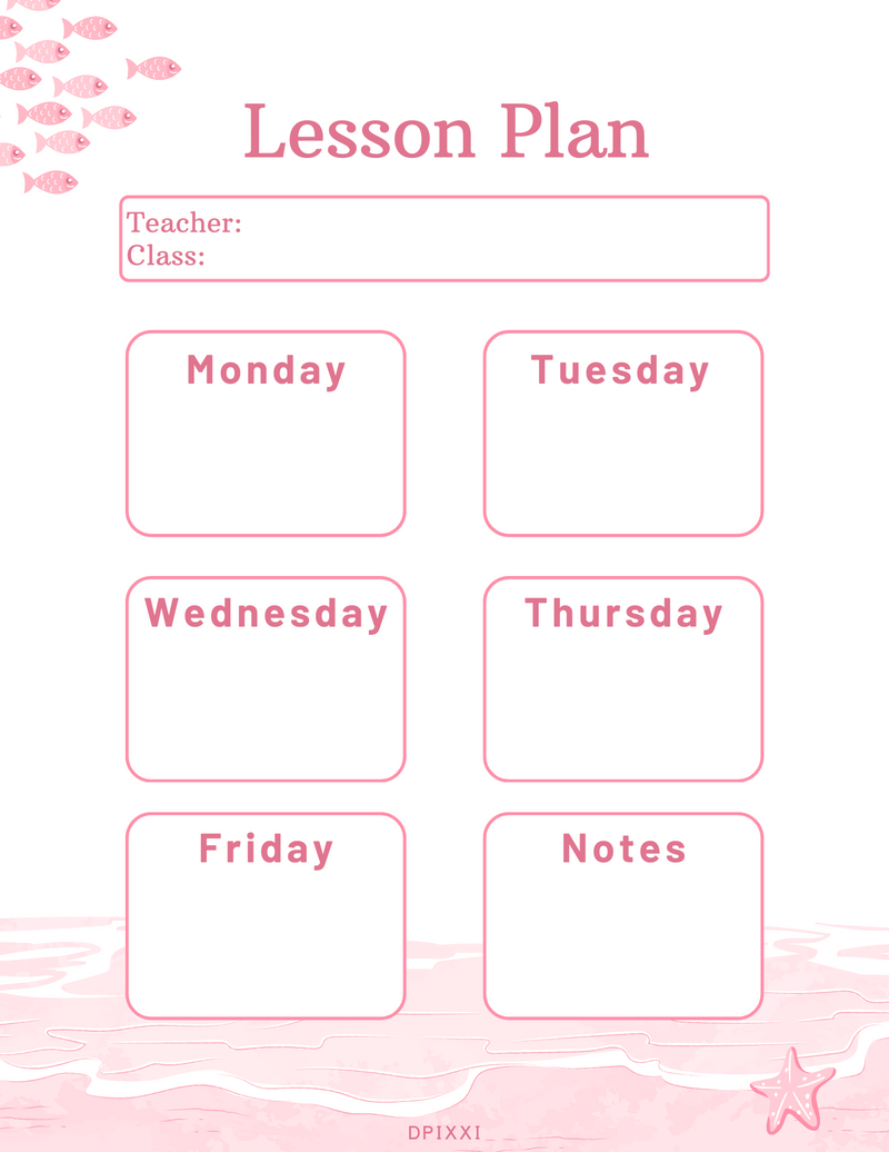 Beach Themed Lesson Plan Planning Sheet | Teacher, Class, Monday To Friday, Notes