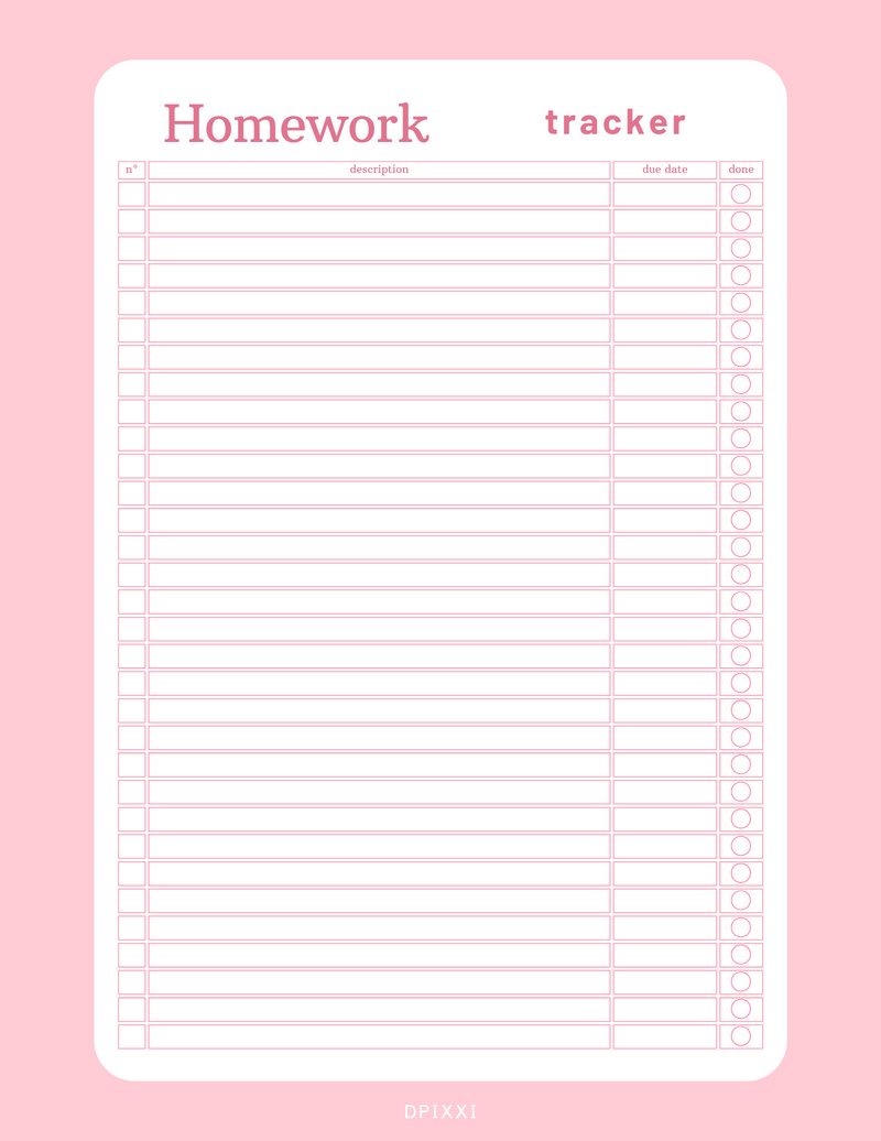 Organic Homework Tracker Planner | Number, Description, Due Date, Done