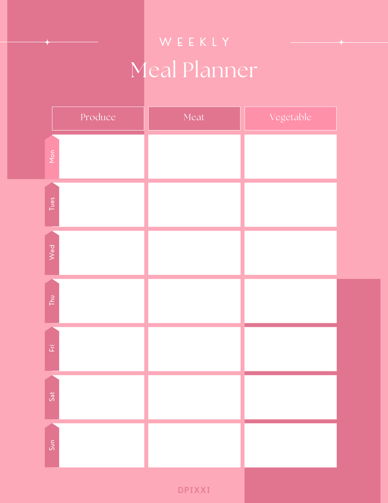 Minimalist Weekly Meal Plan | Produce, Meat, Vegetable, Monday to Sunday