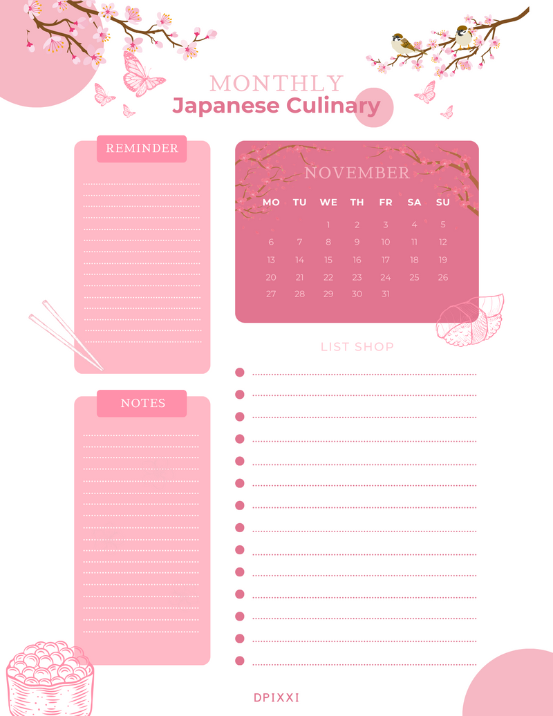 Abstract Feminine Japanese Culinary Monthly Planner | Reminder, Notes, Month, List Shop