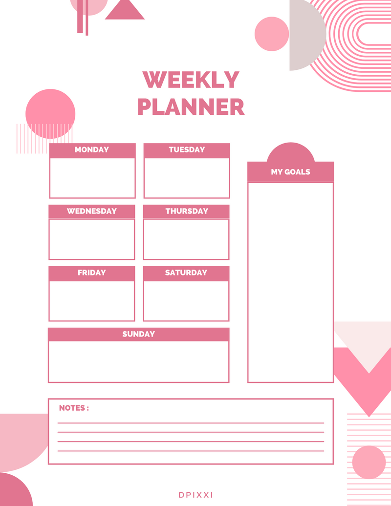 Simple Geometric Illustration Weekly Printable Planner | Monday to Sunday, My Goals, Notes