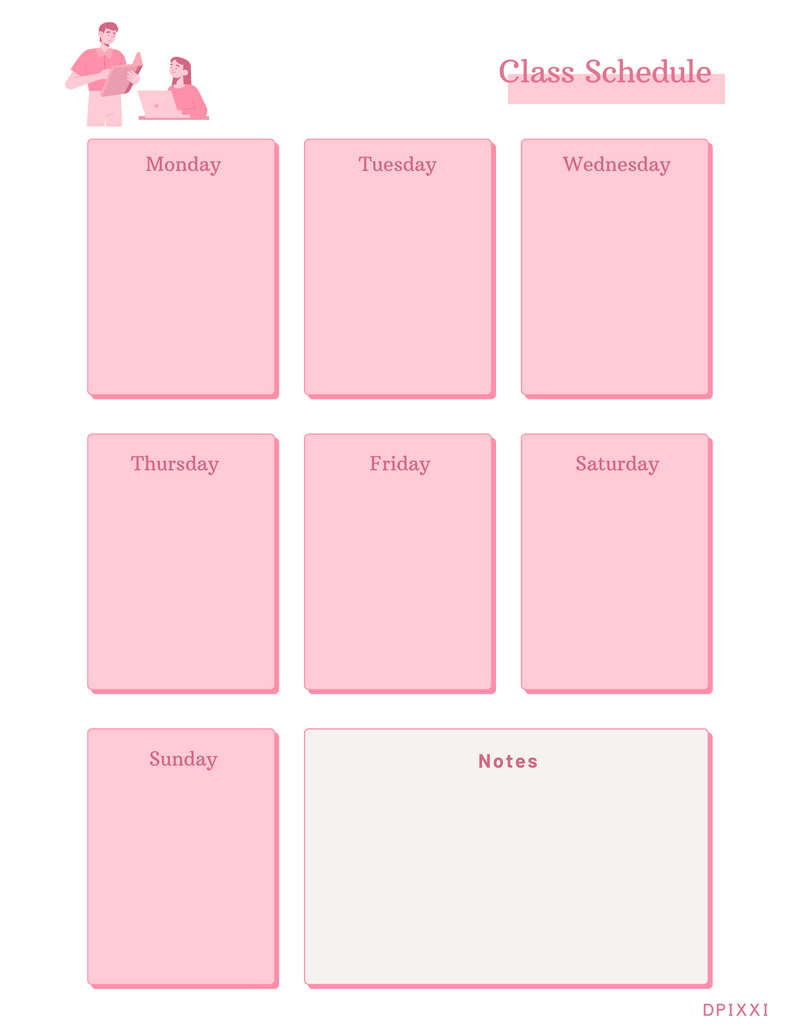 Elegant Class Schedule Planner | Monday To Sunday, Notes