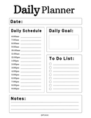 Simple Professional Teacher Student Daily Planner | Date, Daily Schedule, 6 am to 8 pm, Daily Goal, To Do List, Notes