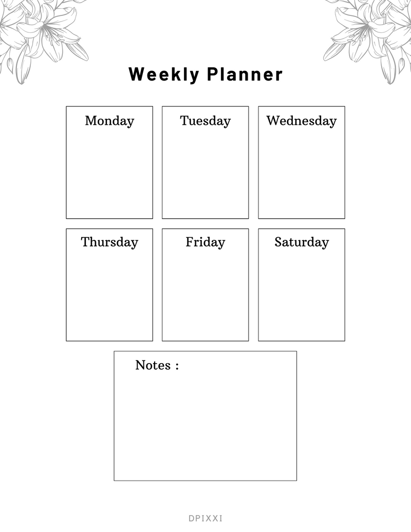 Abstract Flower Weekly Schedule Planner | Monday To Saturday, Notes