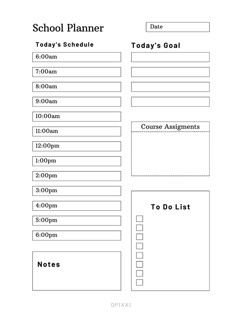 Ripped Paper School Planner | Today's Schedule, 6 am to 6pm, Today's Goal, Course Assignments, To Do List