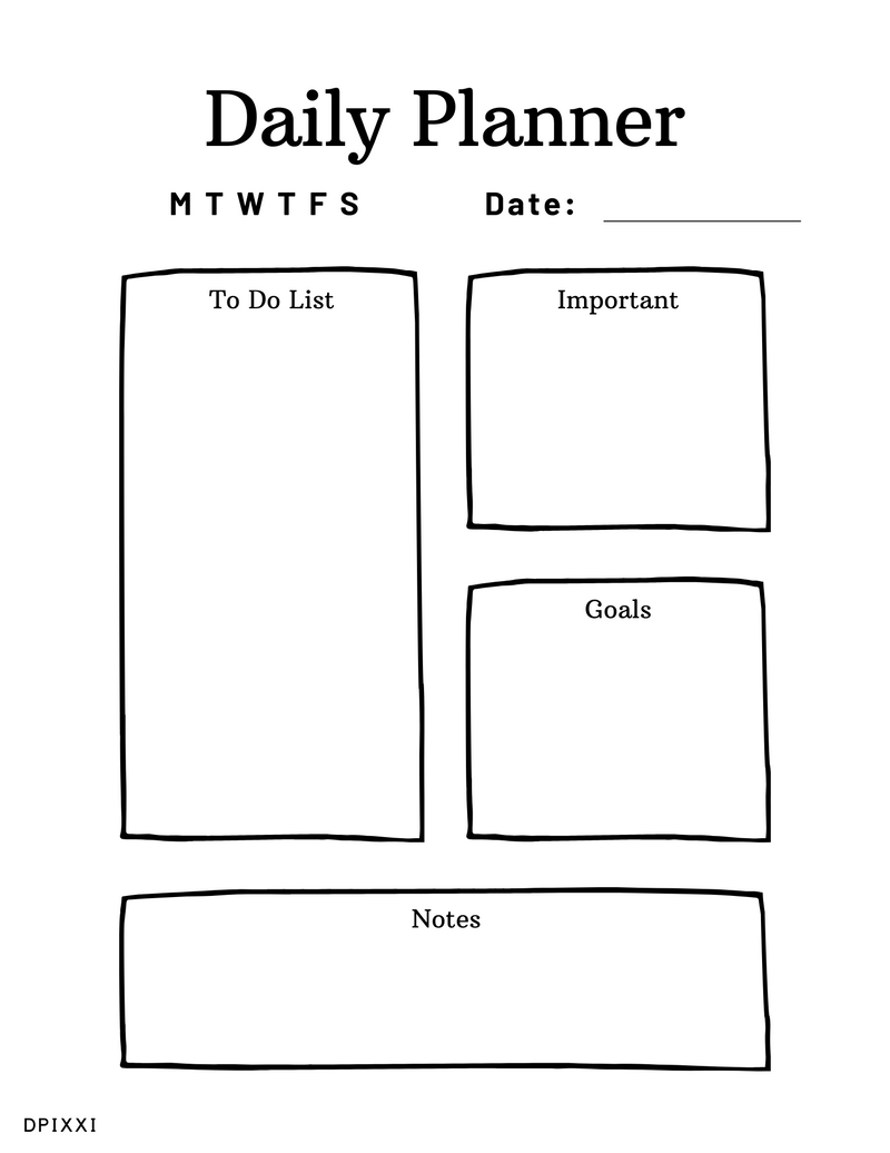 Cute Illustration Daily Planner | Monday To Saturday, To Do List, Important, Goals, Notes