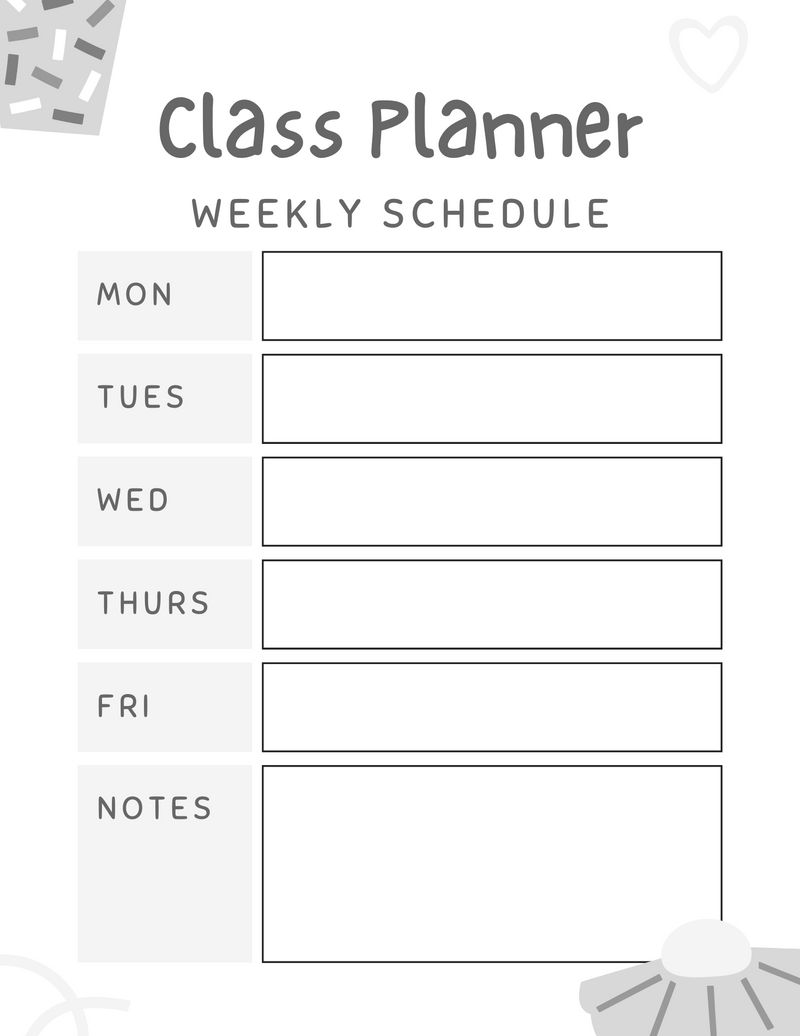White Playful Weekly Schedule Class Planner | Monday - Friday, Notes | PDF Digital Download