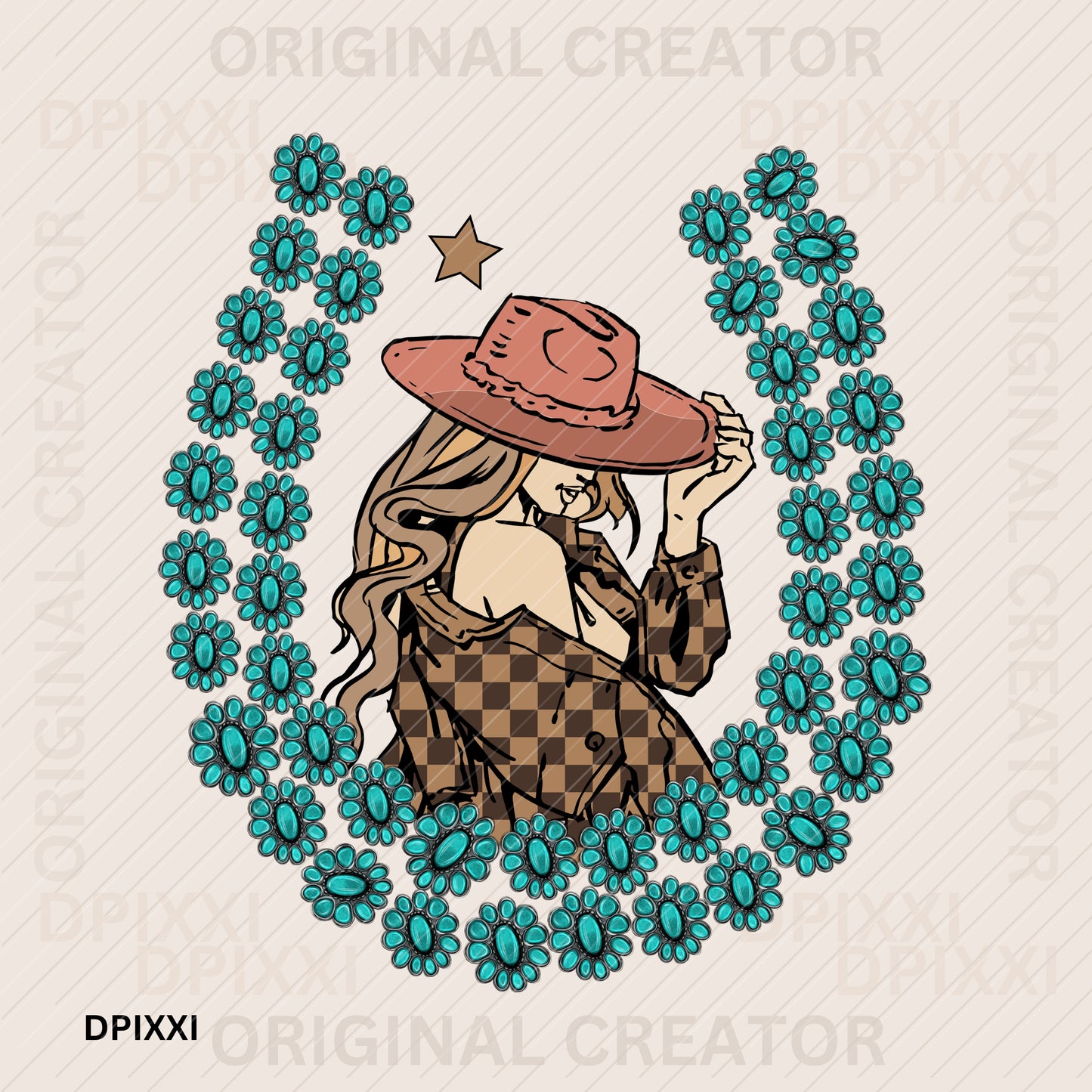 Wishing Star Checker Cowgirl Turquoise Gemstones Horse Shoe