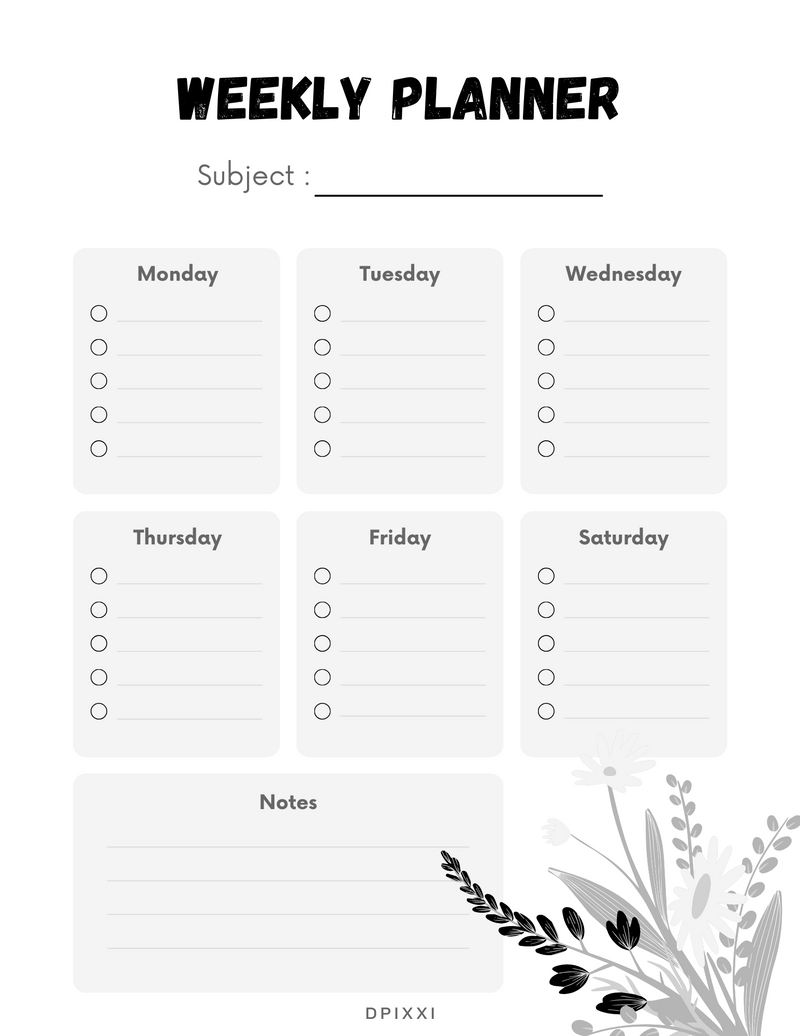 Weekly Schedule Planner | Subject, Monday to Saturday, Notes