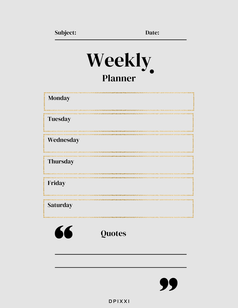 Weekly Planner | Subject, Monday to Saturday, Quotes