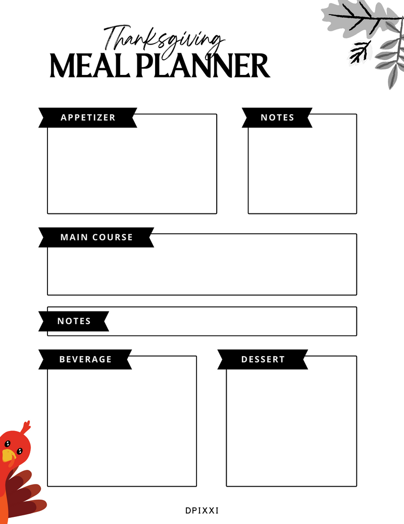 Illustrated Thanksgiving Meal Planner | Appetizer, Notes, Main Course, Notes, Beverage, Dessert