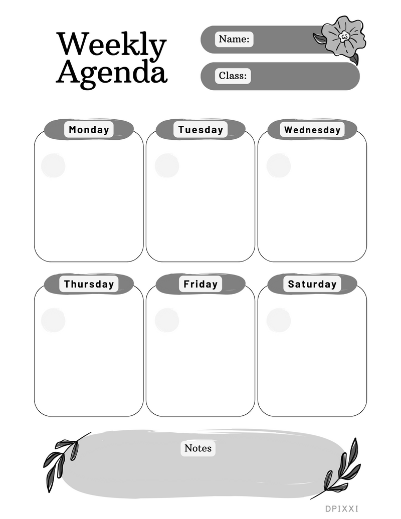 Creative Flower Illustration Weekly Planner | Name, Class, Monday To Saturday, Notes
