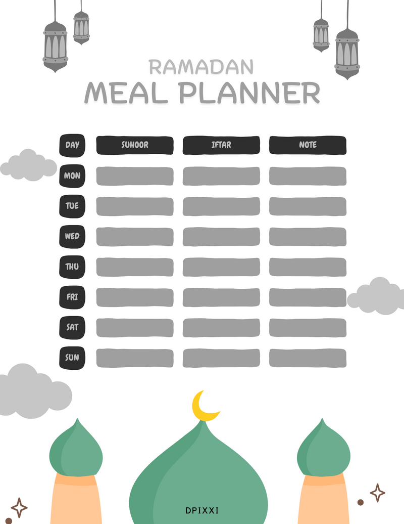 Cute Vector Ramadan Meal Planner | Monday To Sunday, Suhoor, Iftar, Note