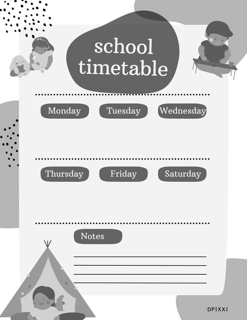 Abstract With Grunge Element School Timetable Planner Template | Monday To Saturday, Notes