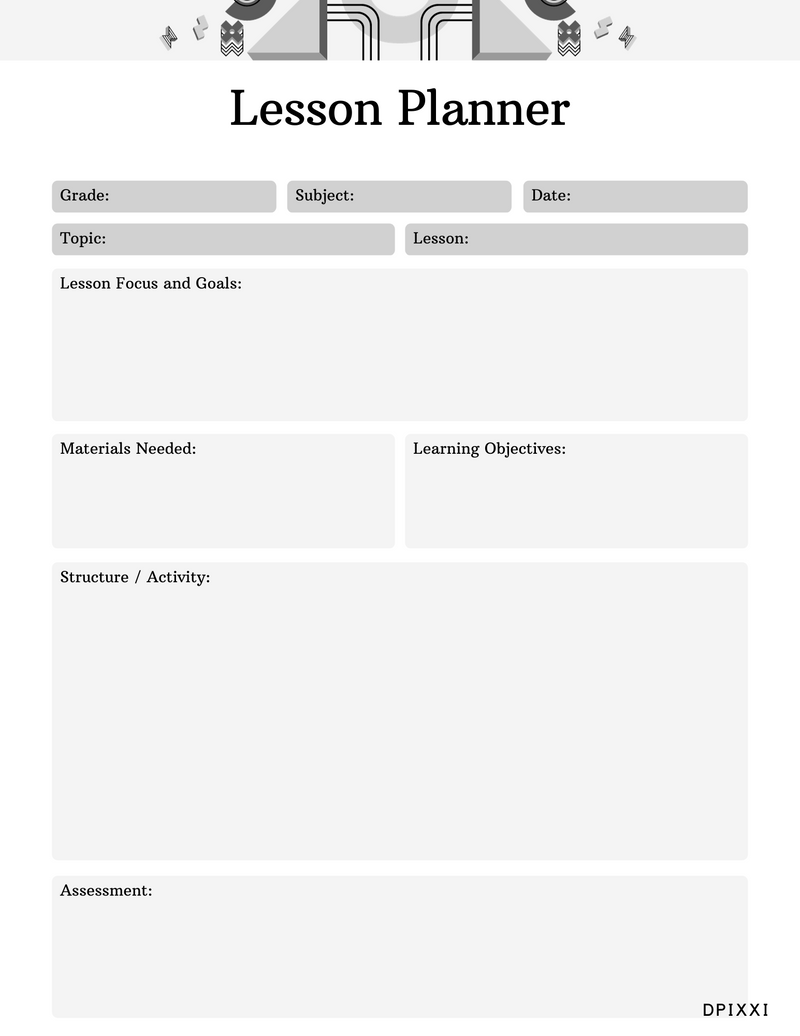Modern Lesson Planner | Gender, Subject, Date, Topic, Lesson, Lesson Focus and Goals, Materials Needed, Learning Objectives, Structure/Activity