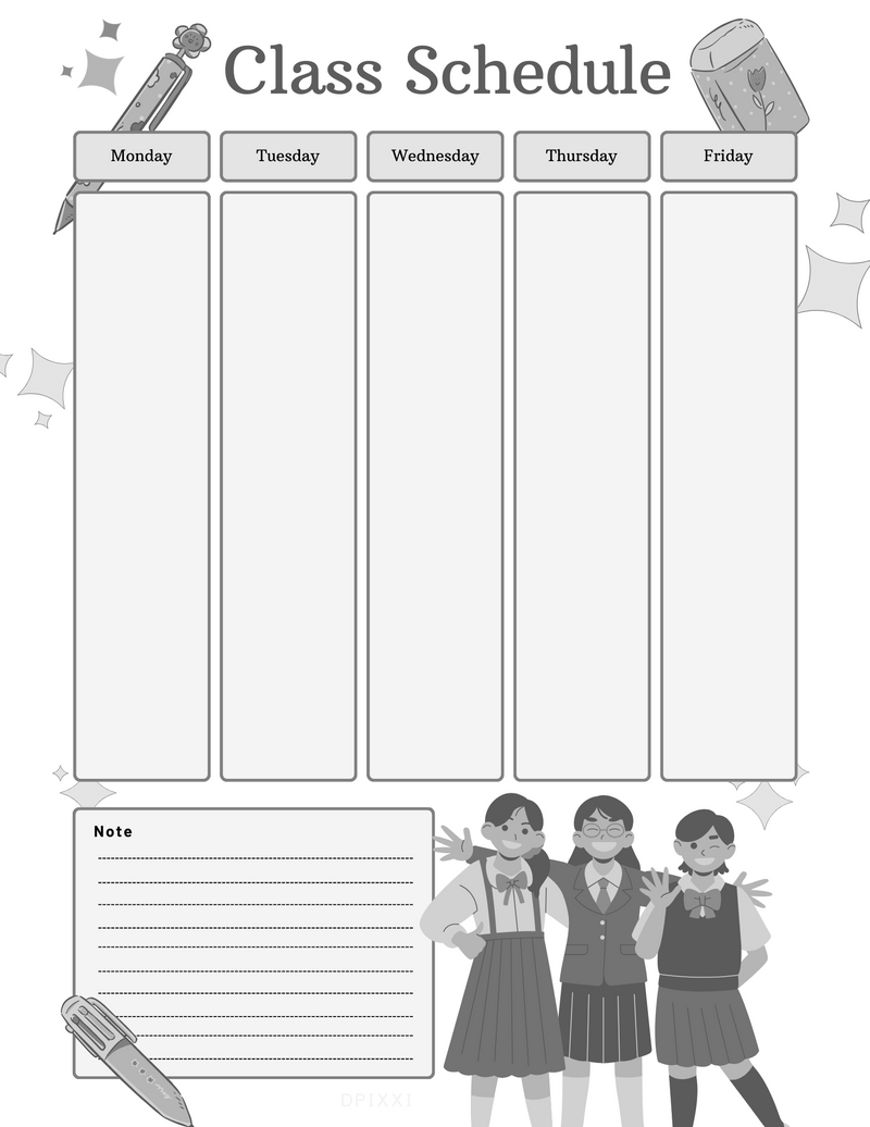 Cute Playful Class Schedule Planner | Monday To Friday, Notes