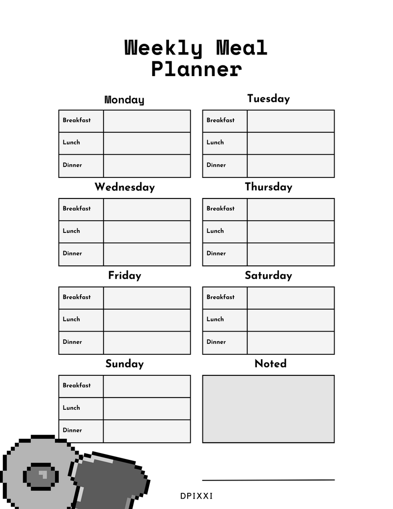 Weekly Meal Planner | Monday To Sunday, Breakfast, Lunch, Dinner, Noted