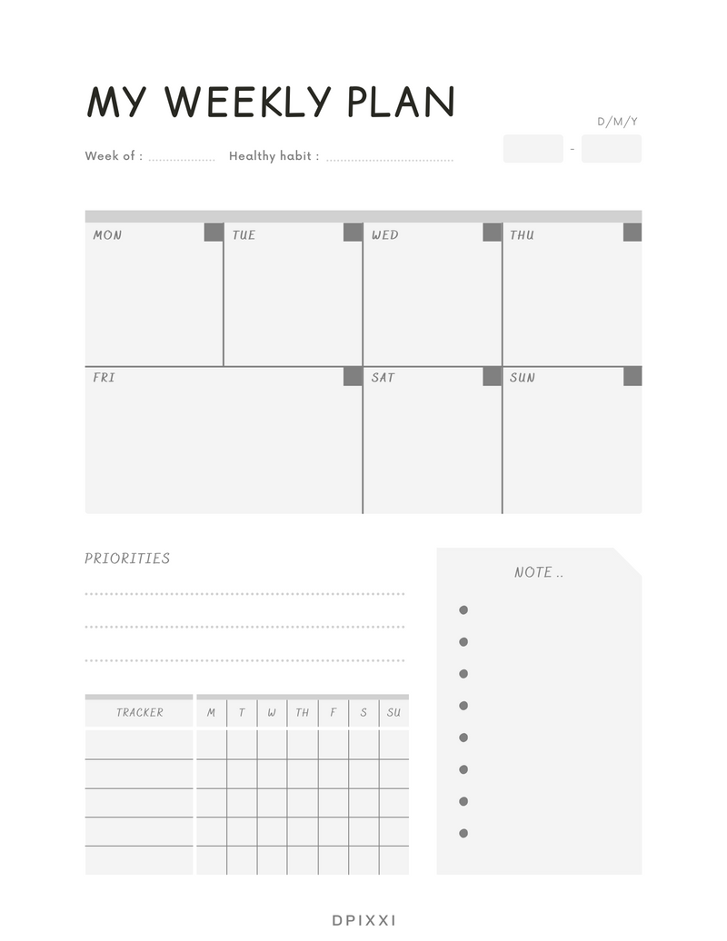 Cozy Theme Weekly Planner Portrait | Week of, Healthy Habit, Monday to Sunday, Priorities, Tracker, Note