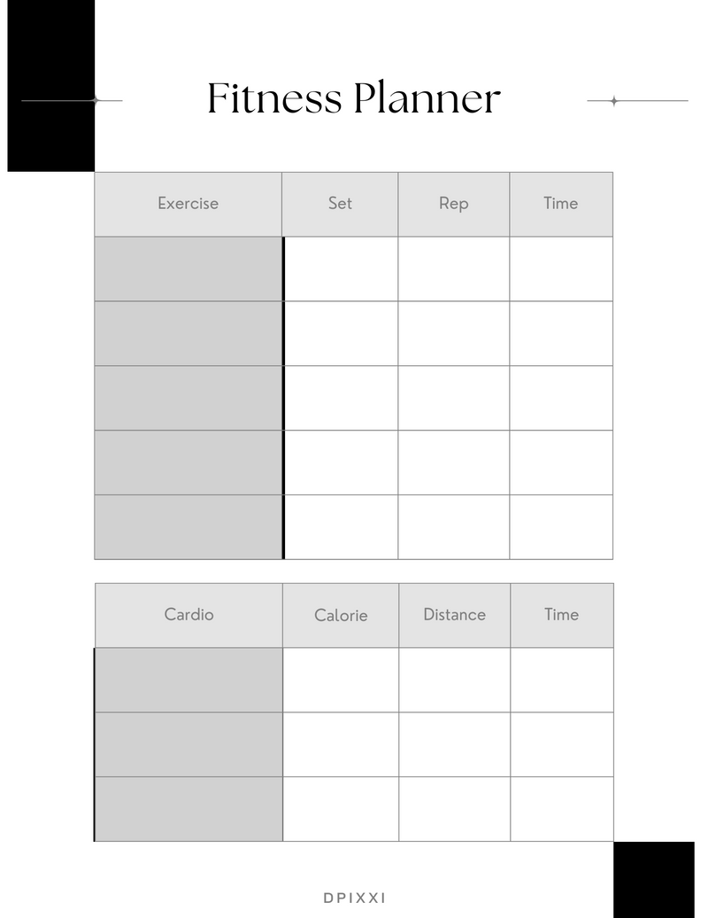 Minimalist Fitness Workout Planner | Excercise, Set, Rep, Time, Cardio, Calory, Distance,