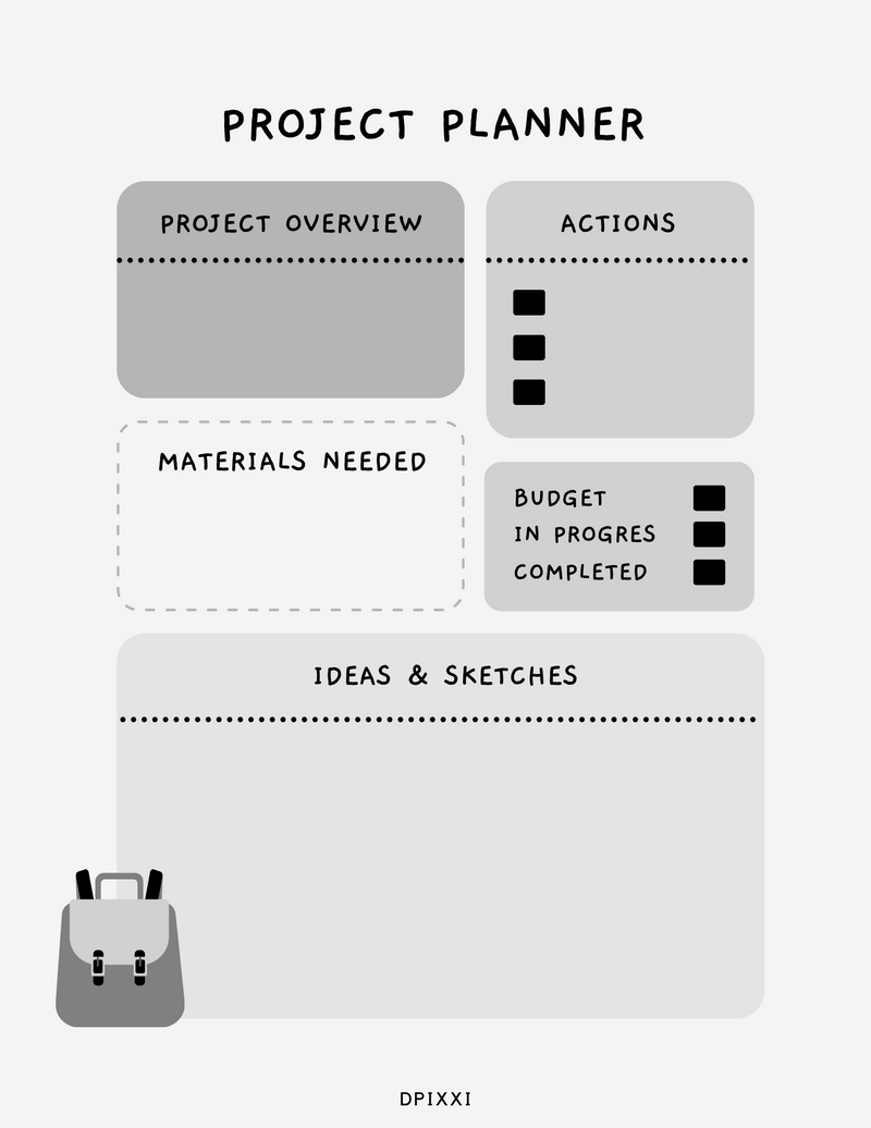 Modern Illustration Project Planner | Project Overview, Actions, Materials Needed, Budget, In Progress, Completed, Ideas and Sketches