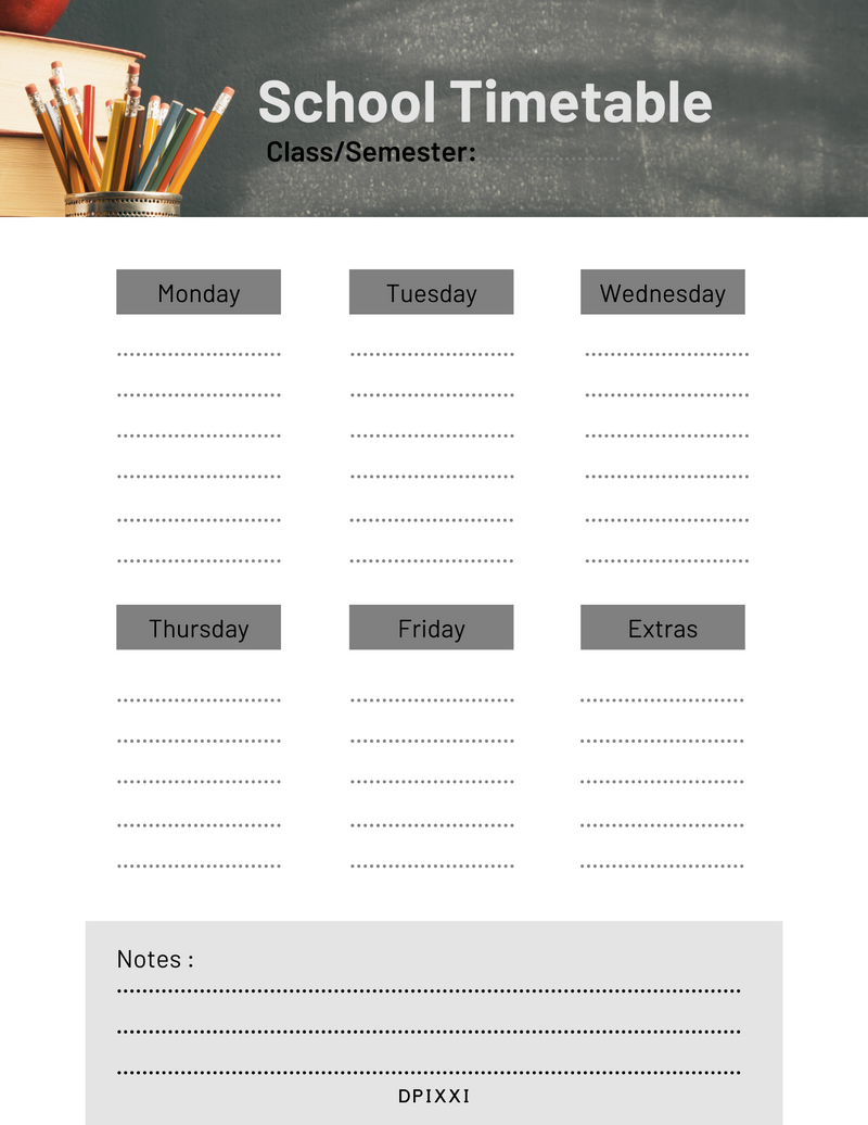 Brilliant Licorice Organic Minimalist School Timetable | Class/Semester, Monday To Friday, Extras, Notes