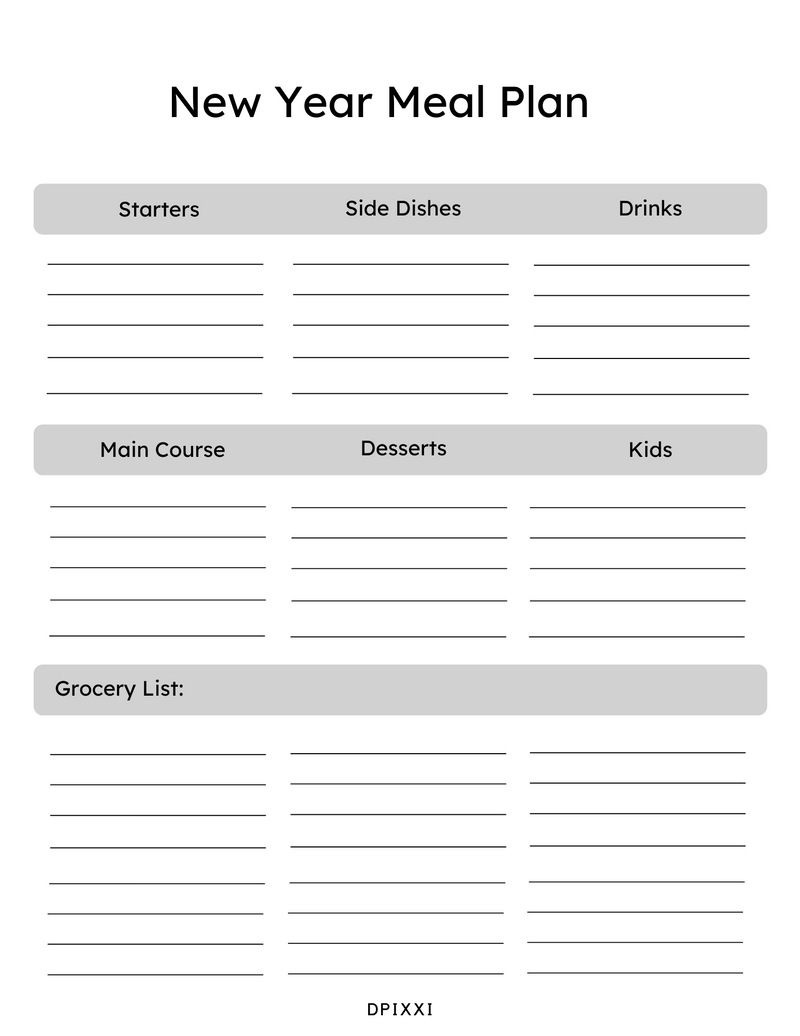 Minimalist Classy New Year Meal Planner | Starters, Side Dishes, Drink, Main Courses, Desserts, Kids, Grocery List