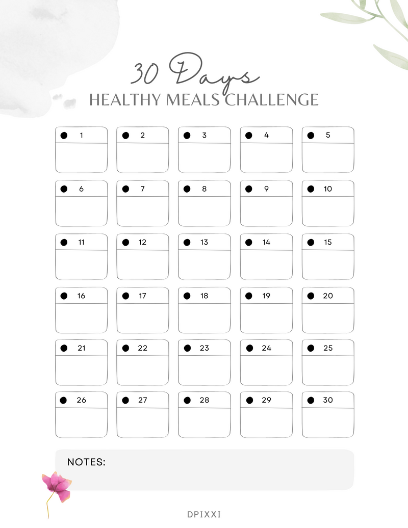 Abstract 30 Days Healthy Meals Challenge Planner | 1 To 30 Days, Notes