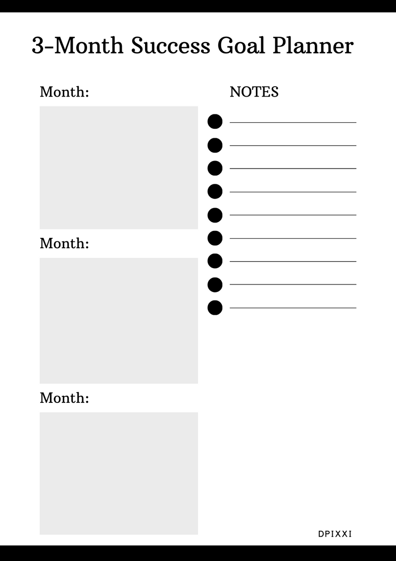 3 Month Success Goal Planner | Month 1, Month 2, Month 3, Notes