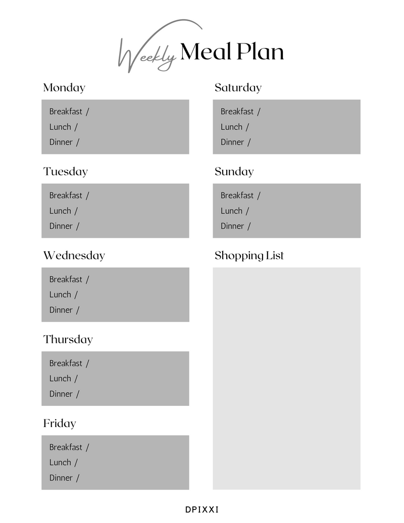 Clean Modern Meal Planner | Monday To Sunday, Breakfast, Lunch, Dinner, Shopping List