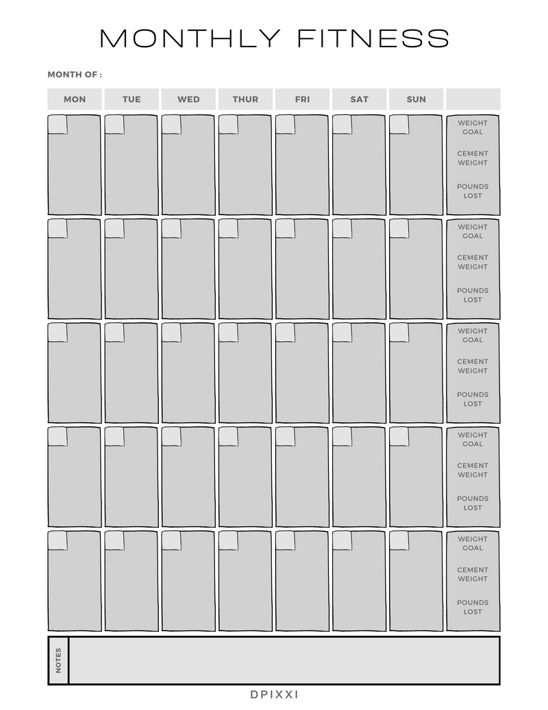 Elegant Monthly Fitness Planner | Pound Lost, Monday to Sunday