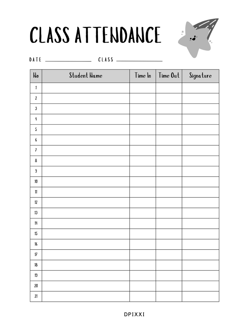 Back to School Class Attendance Planner in Minimal Style | Date, Class, Number, Student Name, Time In, Time Out, Signature