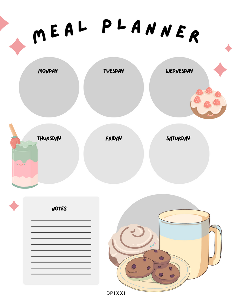 Simple Illustrated Meal Planner Menu | Monday To Sunday, Notes