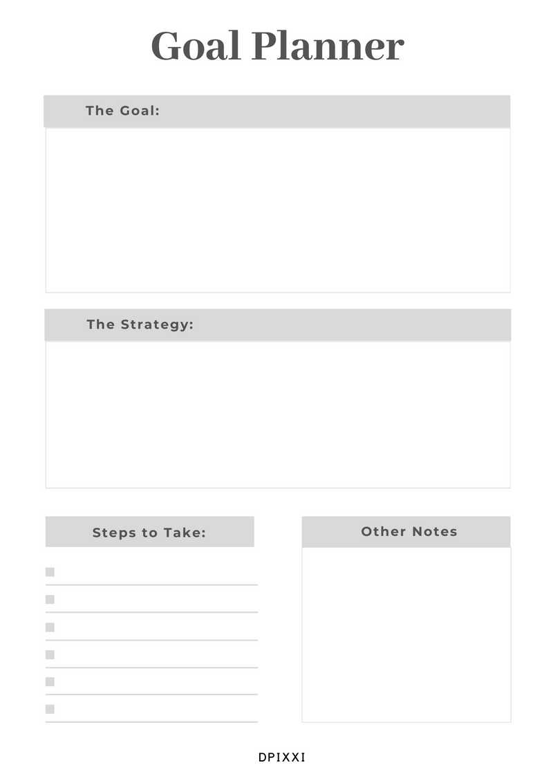 Goal Success Planner Template | The Goal, The Strategy, Steps to take, Other Notes