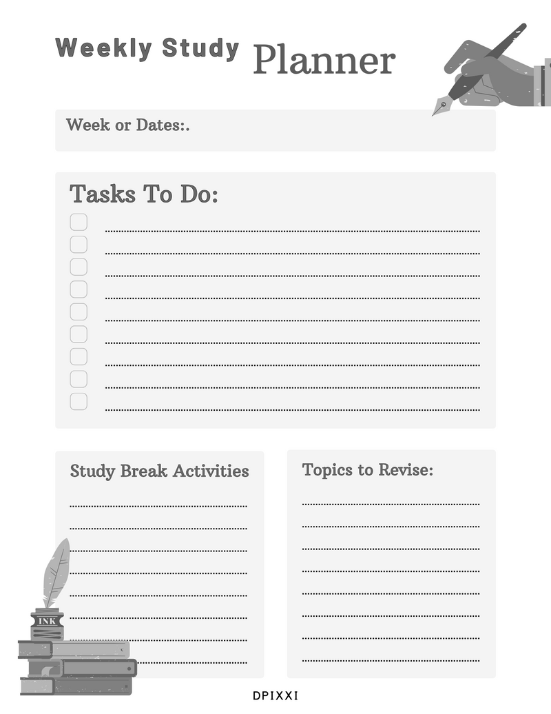 Simple Professional Teacher Student Weekly Study Planner | Week Of Dates, Tasks To Do, Study Break Activities, Topics To Revise