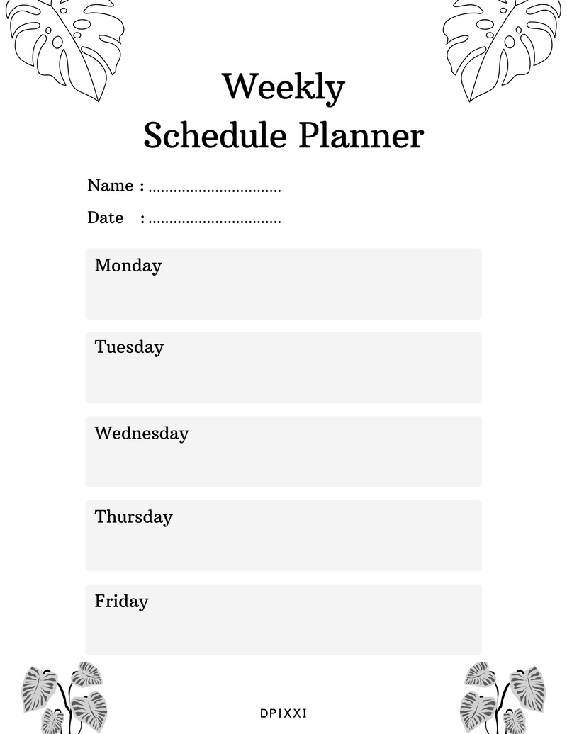 Minimalist Weekly Schedule Planner | Name, Date, Monday To Friday