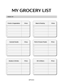 My Grocery Lists Planner | Week Of, Fruits and Vegetables, Price, Meat and Poultry, Price, Canned Goods, Price, Fish and Frozen Foods, Price, Snacks and Drinks, Price, Oil and Others, Price