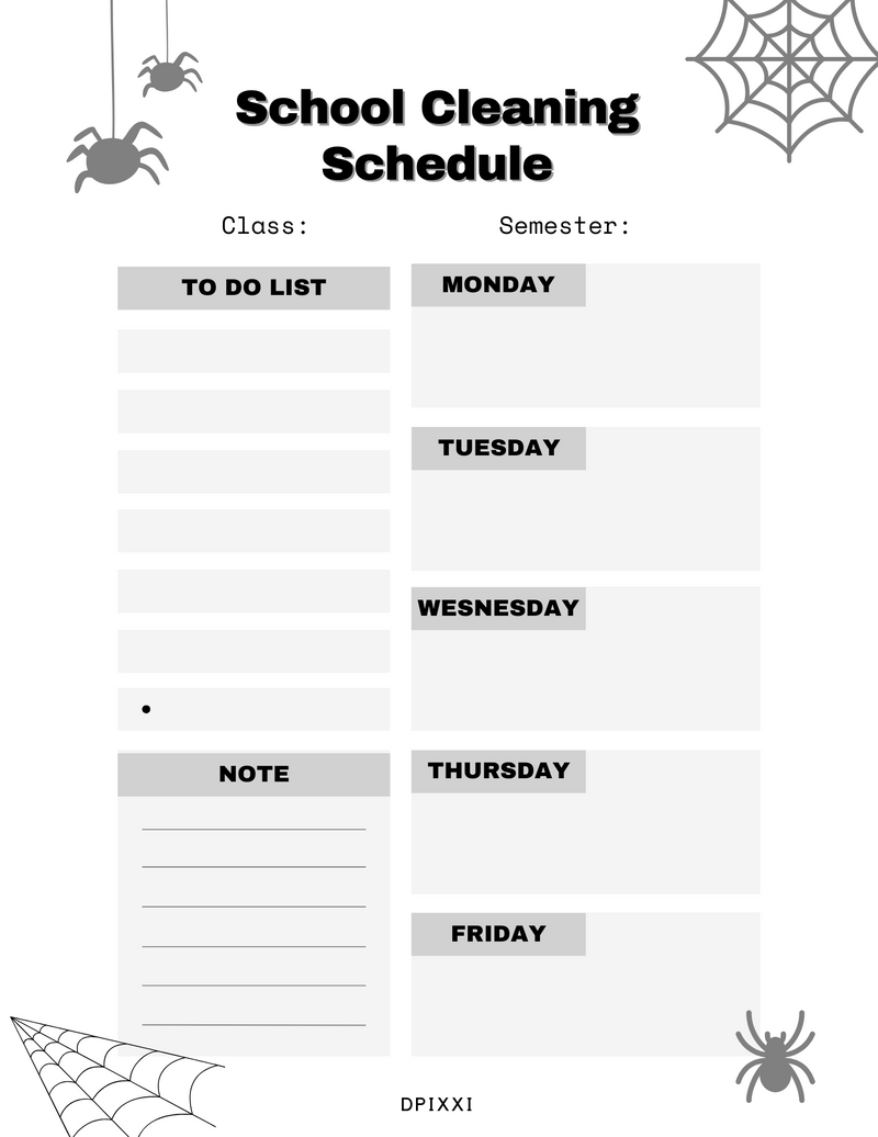 Texture Creepy School Cleaning Schedule Planner | Class, Semester, To Do List, Monday To Friday, Note