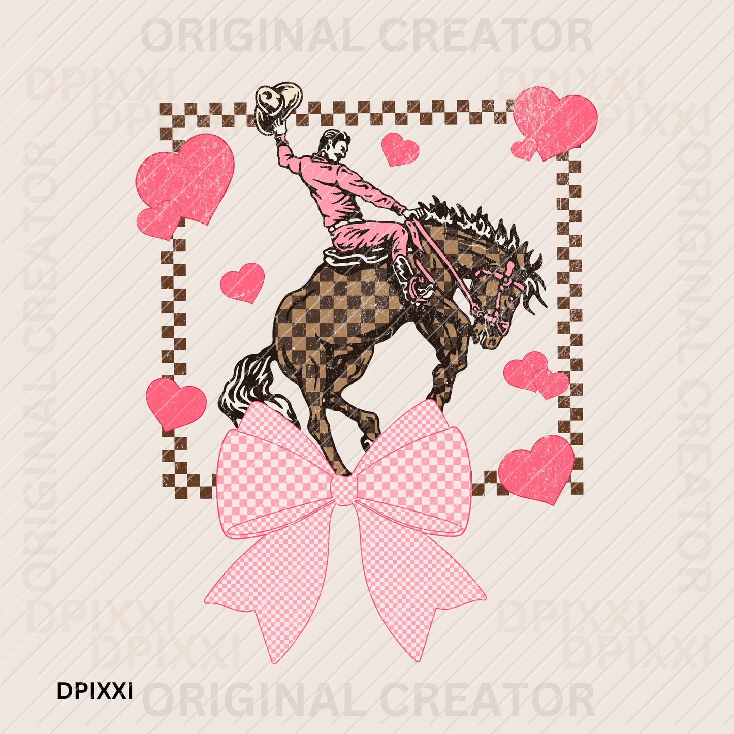 Love Checker Pink Bow Checker Horse Sweet Cowboy