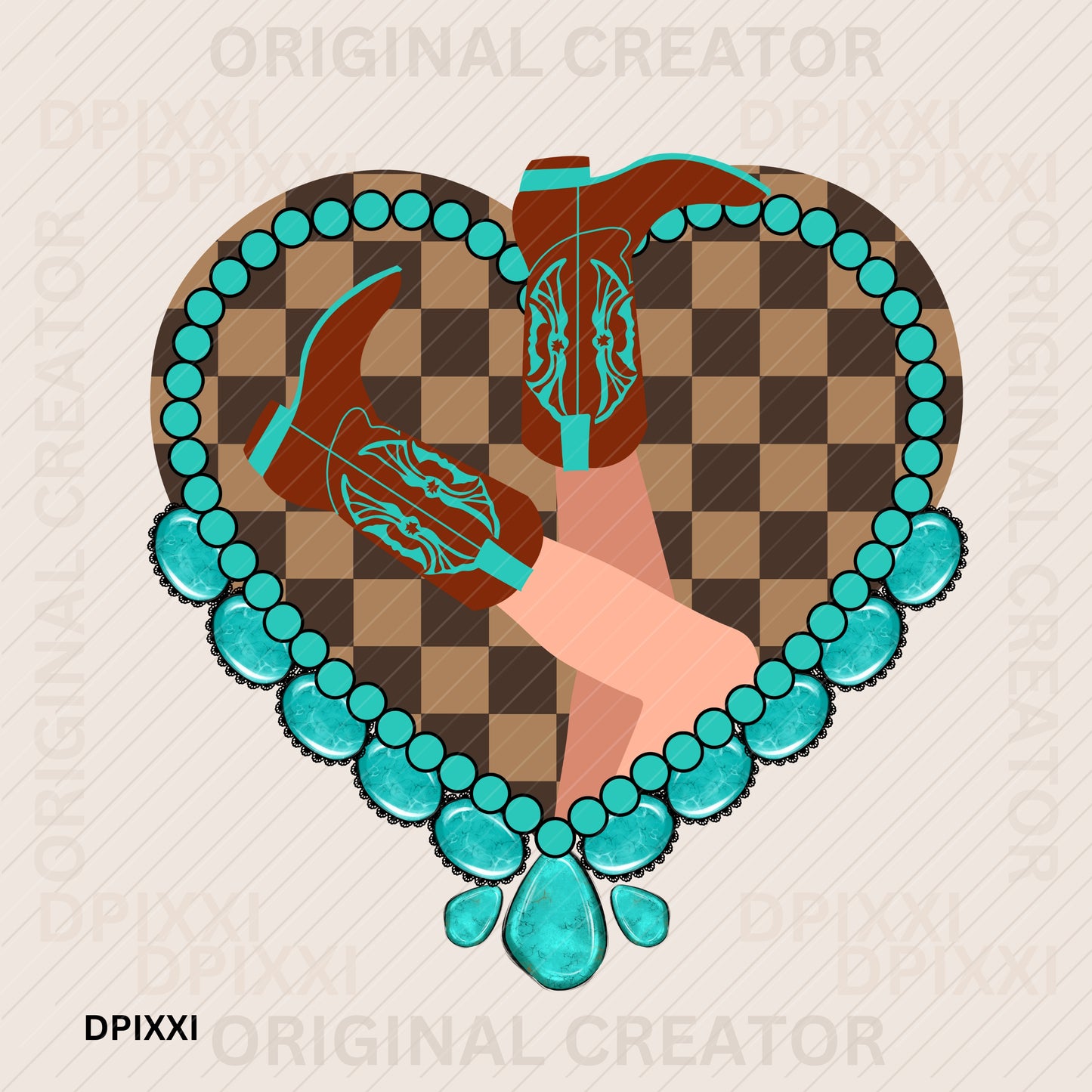 Turquoise Gemstone Checker Heart Cowgirl Boots